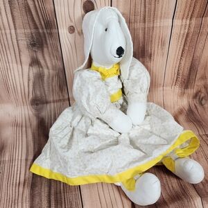 Handmade Folk Art Style Stuffed Bunny Rabbit Doll White w/ White & Yellow Dress